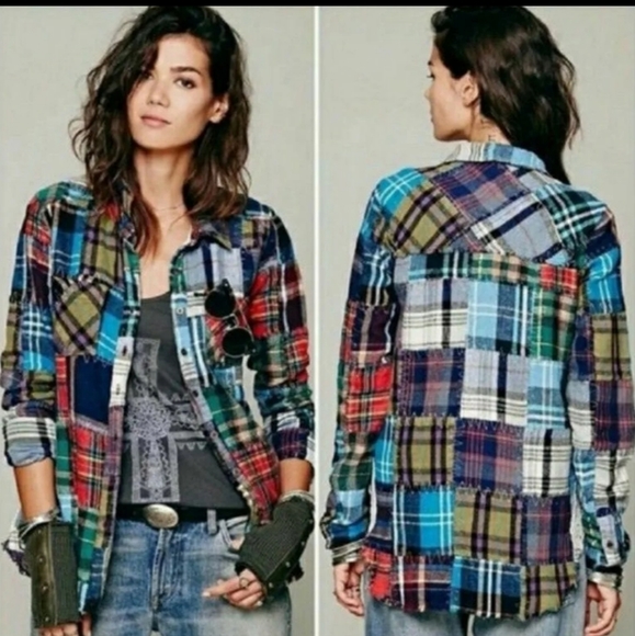 FREE PEOPLE "LOST IN PLAID" LACE CROCHET SIDED PATCHWORK PLAID FLANNEL TOP☆MED - Picture 2 of 12
